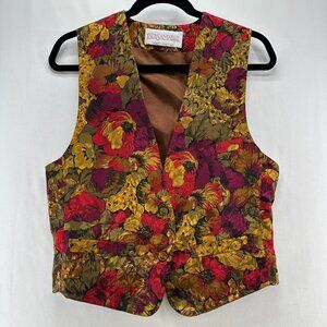 LadySansabelt Jaymar Ruby Vtg Floral Vest Women 6 Lined Adjustable Tie Brown Red